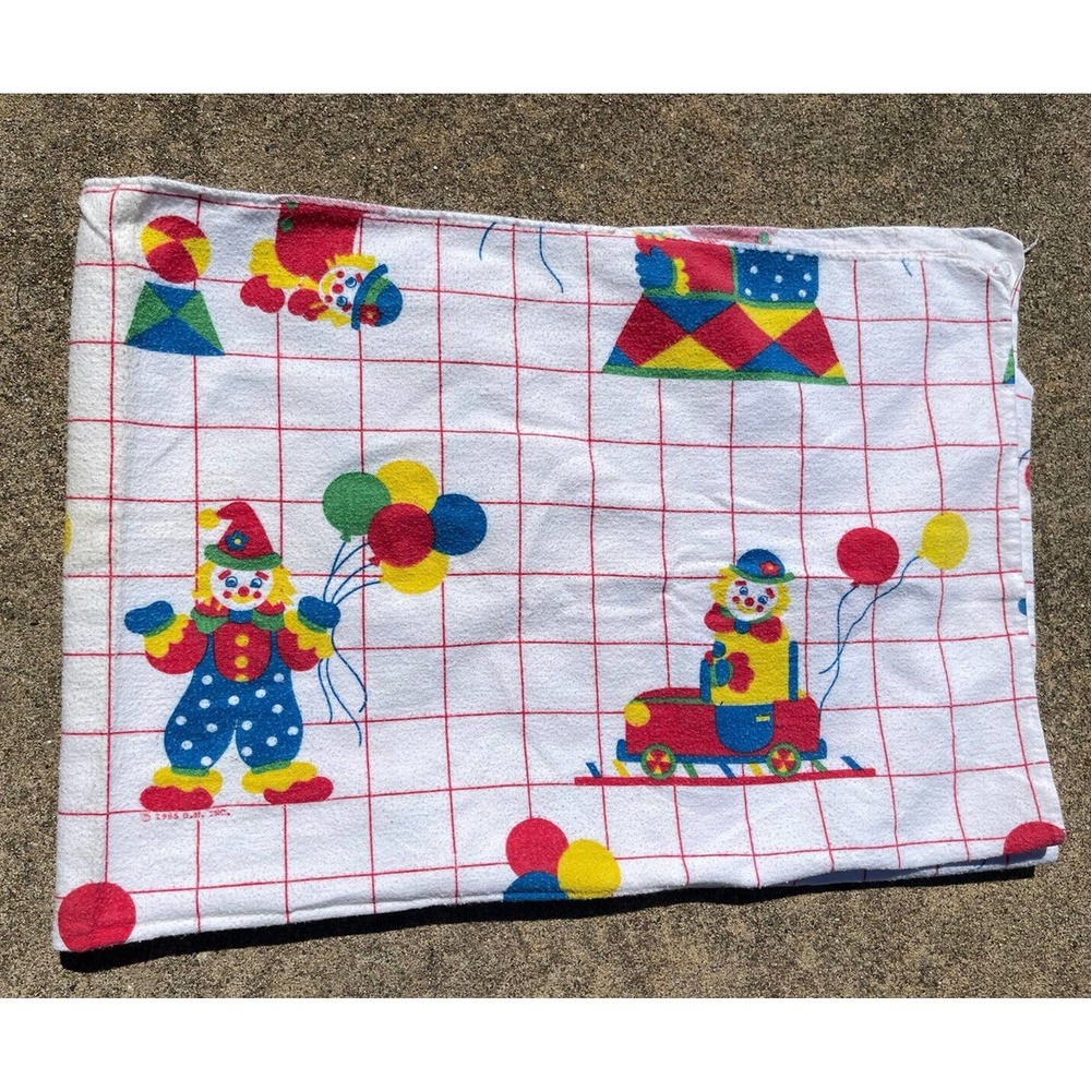 Vintage Toddletime Baby Flannel Receiving Blanket Clowns Balloons Primary Colors